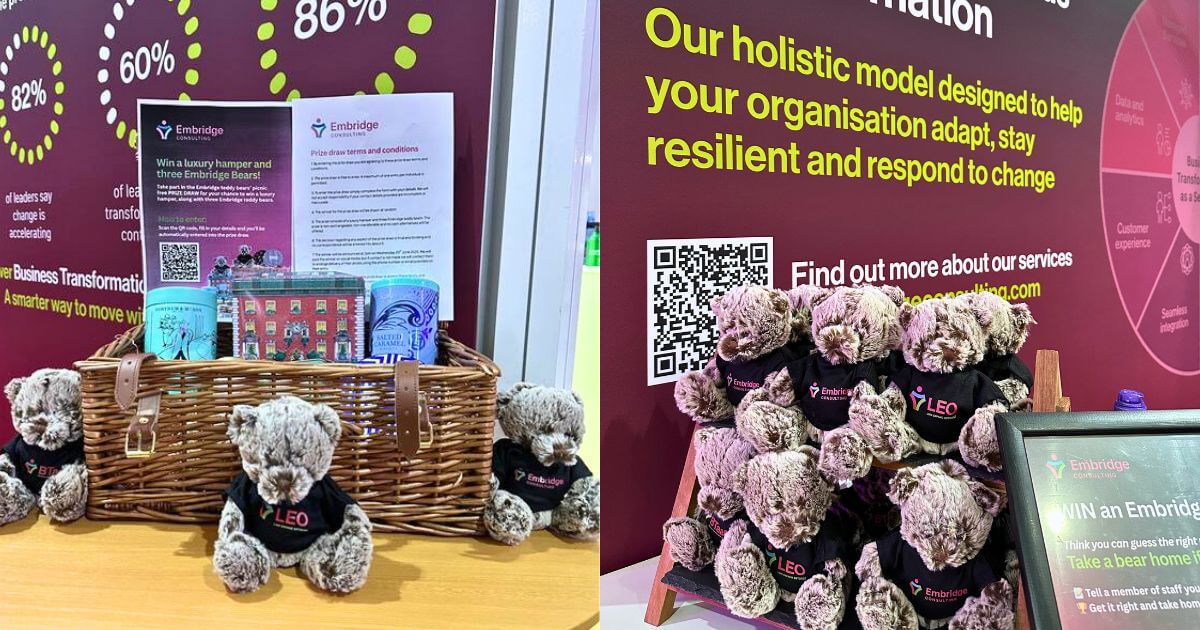 Embridge Consulting branded teddy bears, with the LEO integration logo, the Business Transformation as a Service logo, and the Embridge logo.