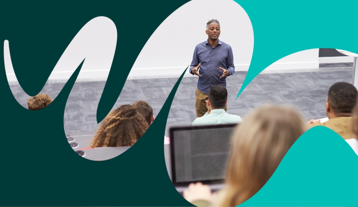 Promotional banner featuring a speaker presenting to an audience.