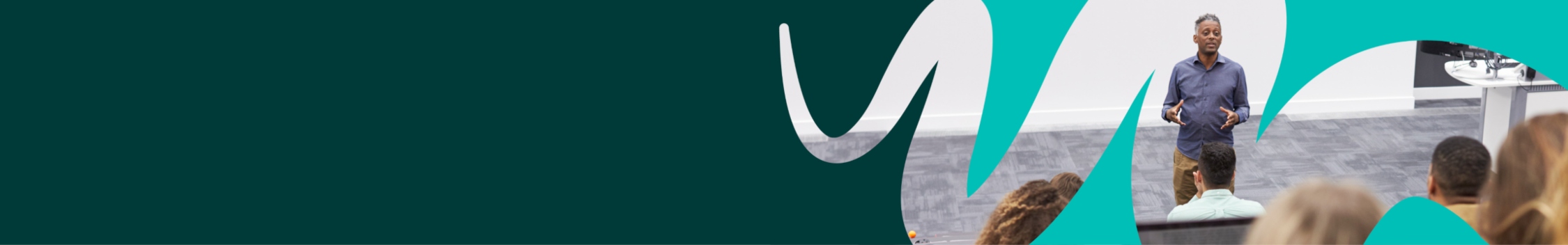 Promotional banner featuring a speaker presenting to an audience.