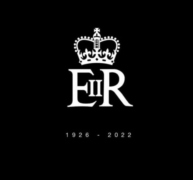 Queen Elizabeth II monogram (ER) and the dates 1926-2022 on a black background