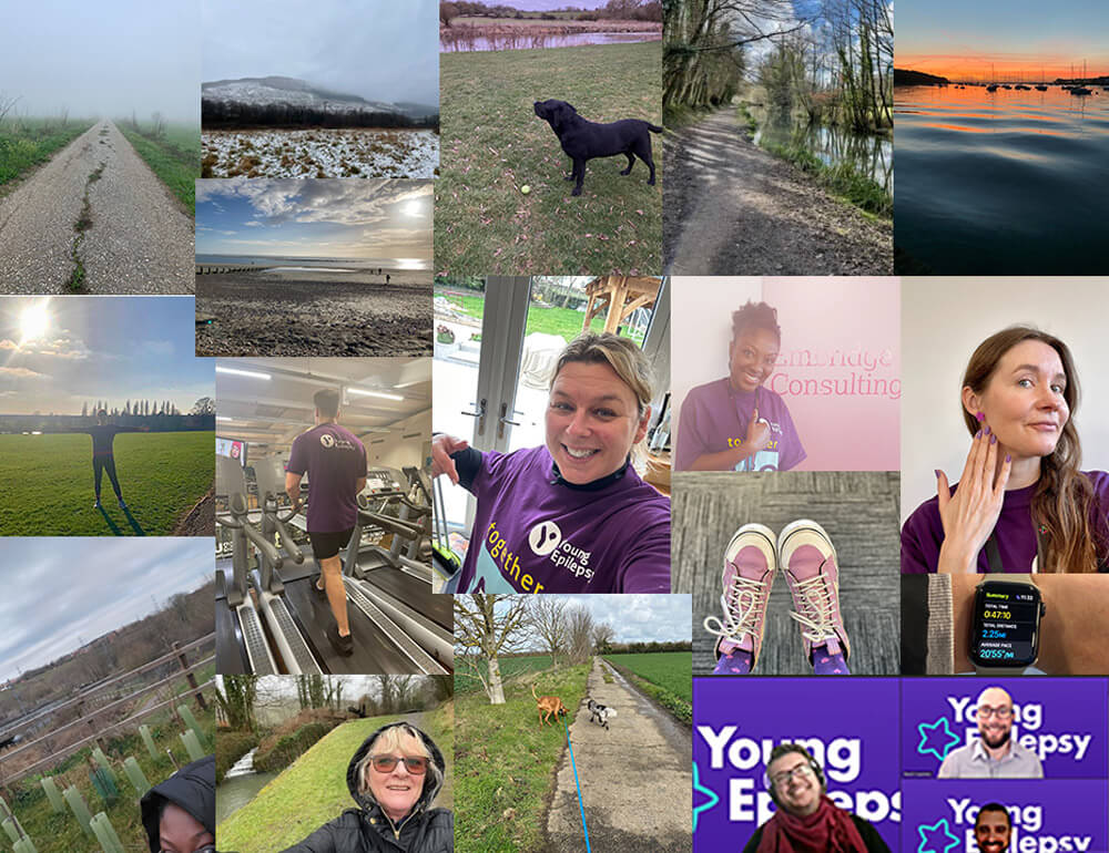 Montage of photos from walking locations in all weathers and featuring Young Epilepsy t-shirts and other purple attire 