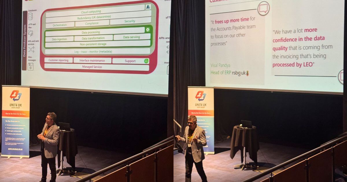 Tiago Bruno, Integration Architect for Unit4 and LEO products at Embridge Consulting, presenting at the 2025 Unit4 User Group Conference event.